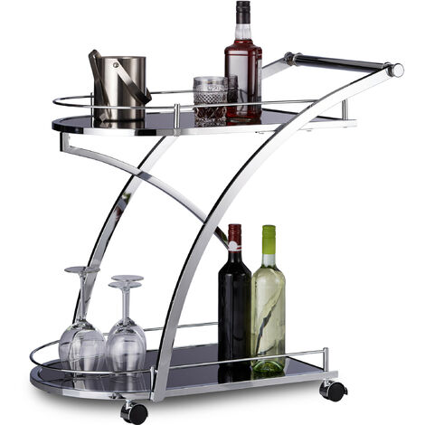 Servierwagen Glas, Metall, HxBxT: 73 x 46 x 74 cm, Rollwagen Küche, 2 Etagen, Küchenwagen, Teewagen, schwarz