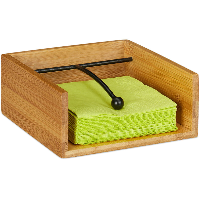 Serviette Holder with Metal Weight Ball, Bamboo, for Napkin Size 25 x 25 cm, Napkin Tray, Natural - Relaxdays