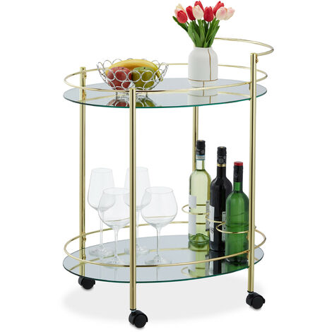 Relaxdays Serving Trolley, 4 Castors, 2 Shelves, HWD: 79 x 45 x 65.5 cm, Cart for Drinks and Snacks, Glass & Iron, Gold