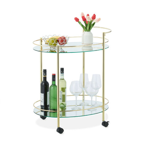 Relaxdays Serving Trolley, 4 Castors, 2 Shelves, HxWxD: 79 x 68 x 45 cm, Cart for Drinks and Snacks, Glass & Iron, Gold