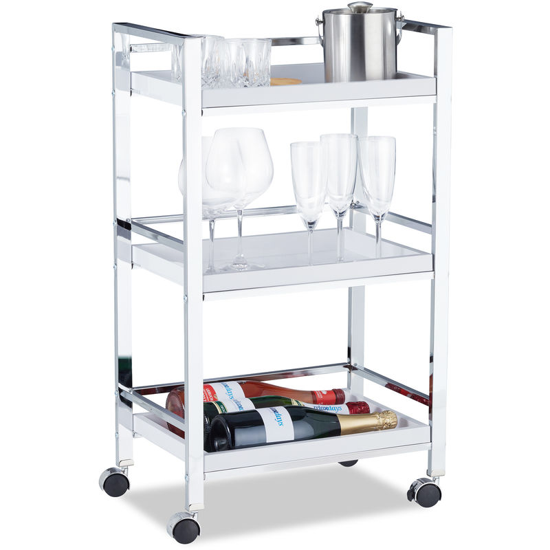 Serving Trolley with 3 Removable Trays, Tea Station, Kitchen Cart on Casters, HxWxD: 77.5 x 45 x 29 cm, White - Relaxdays