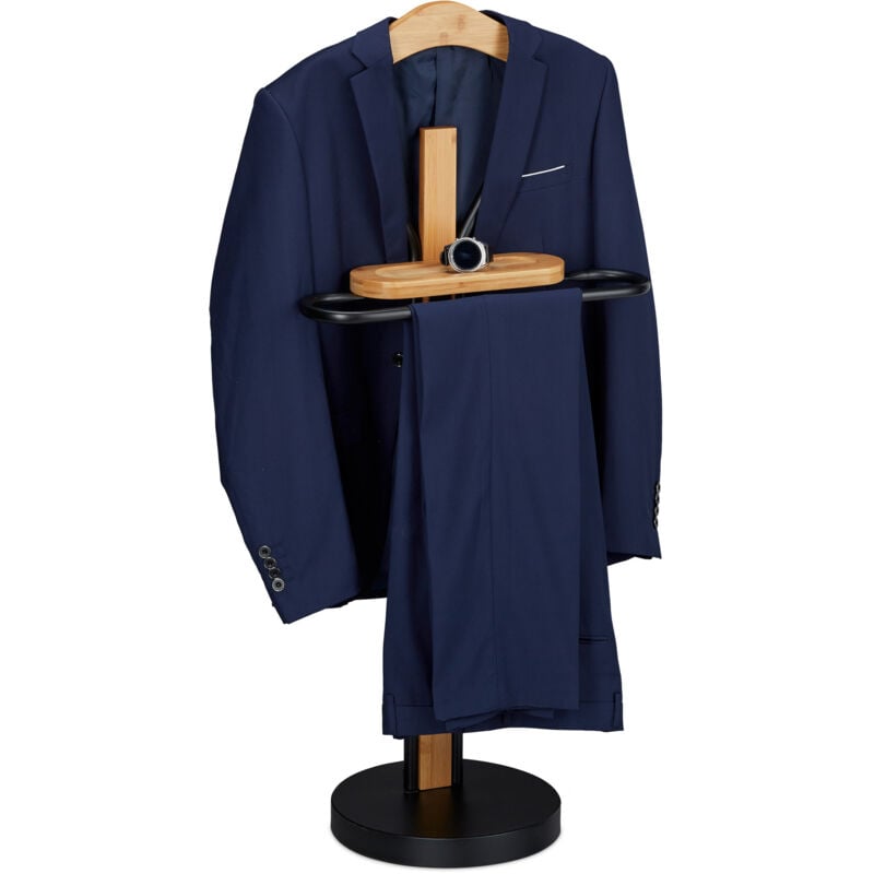 Relaxdays valet stand, with shelf, free-standing, crease-free suits, bamboo & metal, 109 x 48 x 30 cm, black/natural