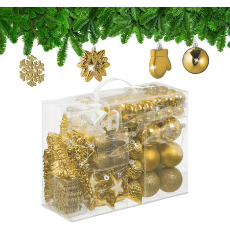 Relaxdays Set 100 Bolas Árbol Navidad, Bolitas Navideñas Brillantes, con Purpurina y Mate, 10 Diseños, Dorado