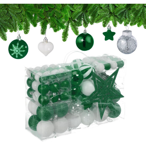 Relaxdays Set 101 Bolas Árbol Navidad, Plástico, Adornos Navideños con Bolitas y Estrella, Decoración, Verde/Blanco