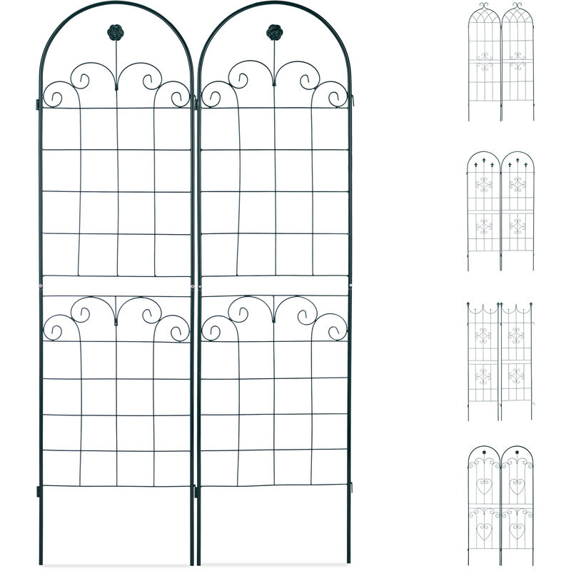 Set 2 Grigliati da Giardino per Rampicanti, in Metallo 180x50cm Design Arco e Cuore, ad Incastro, Verde Scuro - Relaxdays