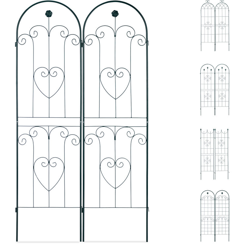 Set 2 Grigliati per Rampicanti, in Metallo 180x50cm Design ad Archi Fiori e Cuori, ad Incastro, Verde Scuro - Relaxdays