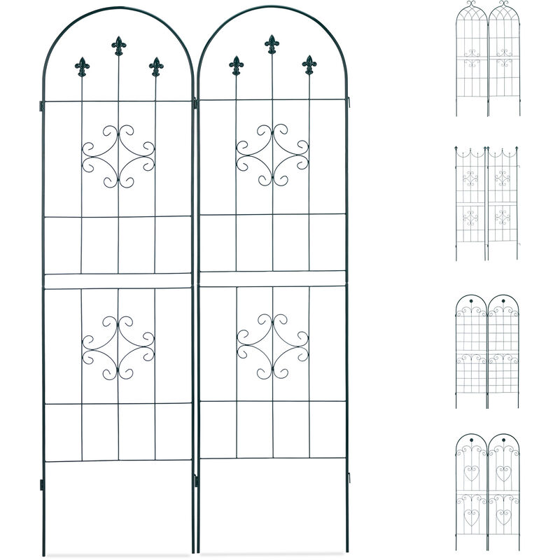 Set 2 Grigliati per Rampicanti, in Metallo 180x50cm Design Arco e Motivi Ornamentali, ad Incastro, Verde Scuro - Relaxdays