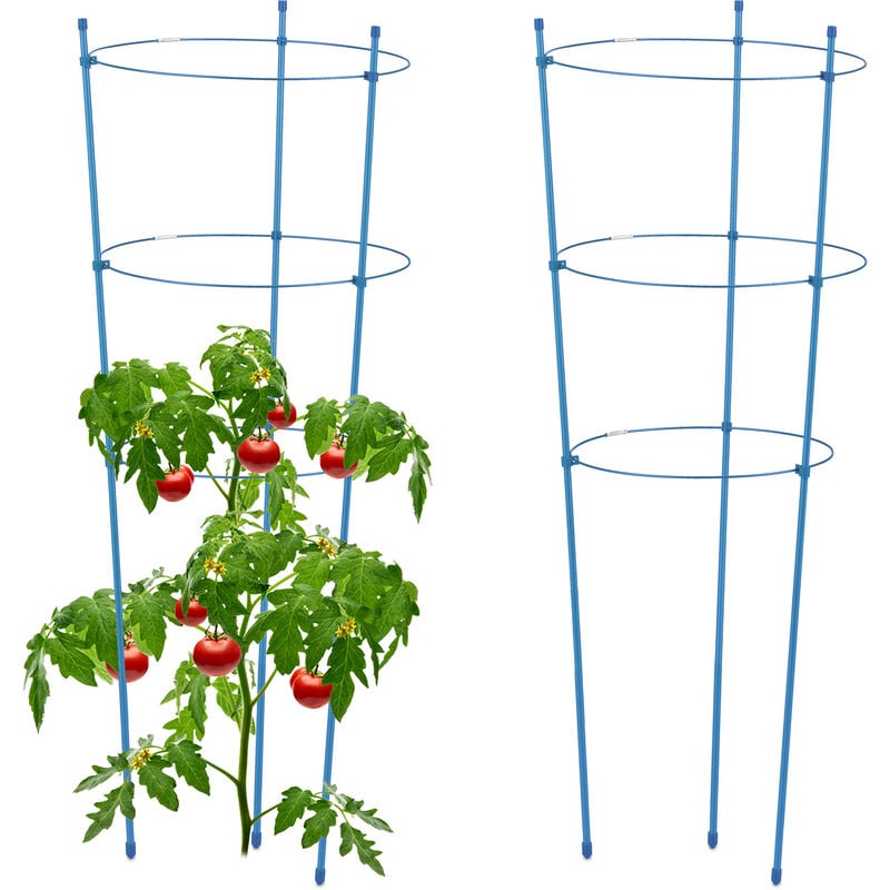 Relaxdays - Tuteur pour tomates, plantes grimpantes, lot de 2, métal & plastique, 3 anneaux réglables, hauteur 76 cm, bleu