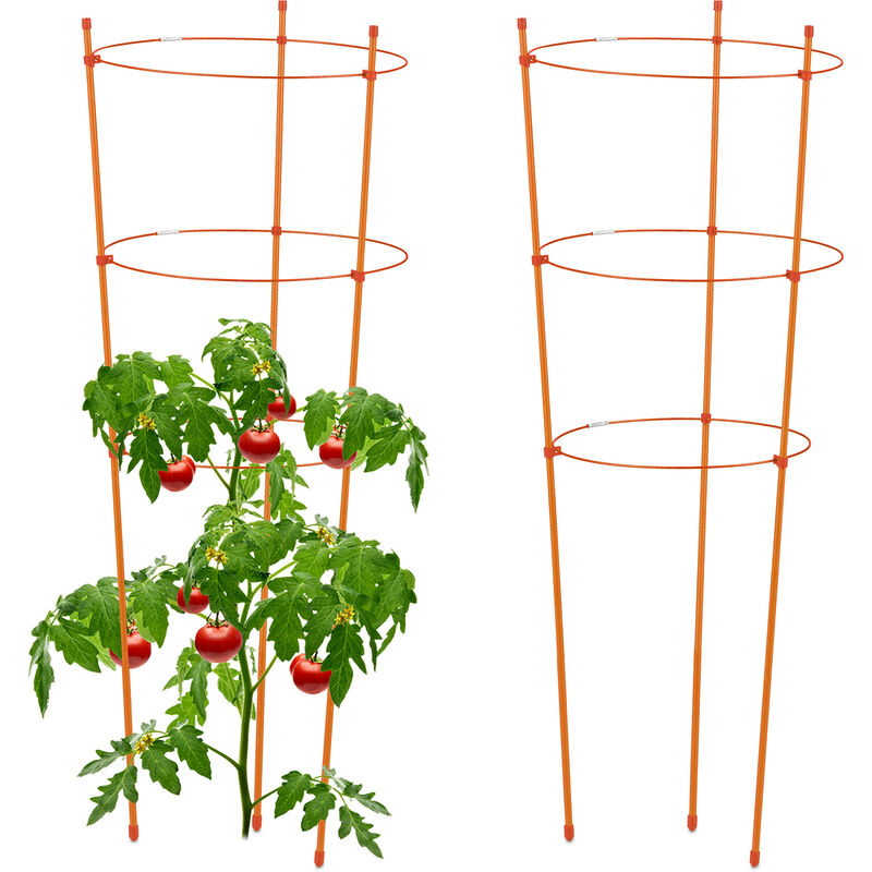 Relaxdays - Tuteur pour tomates, plantes grimpantes, lot de 2, métal & plastique, anneaux réglables, hauteur 76 cm, orange