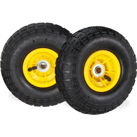 Relaxdays Set 2 Ruedas Carretilla 4.1/3.5-4, Neumáticos de Recambio, Eje de 16mm, hasta 136 kg, 260x85mm, Negro-Amarillo