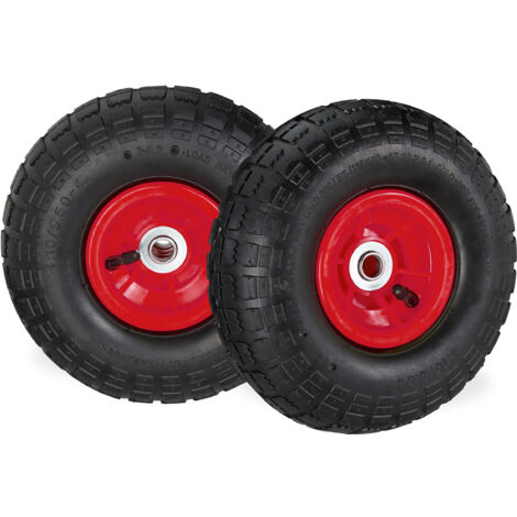 Relaxdays Set 2 Ruedas Carretilla 4.1/3.5-4, Neumáticos de Recambio, Eje de 16mm, hasta 136 kg, 260x85mm, Negro-Rojo