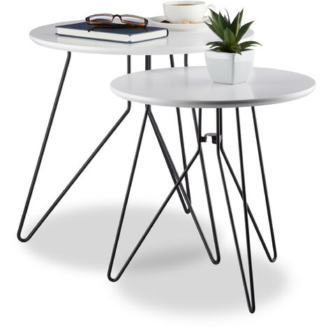Relaxdays Set 2 Tavolini da Soggiorno, Tavoli Rotondi con Struttura in Metallo, 40 e 48 cm, bianco/nero