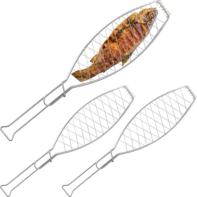 Relaxdays Panier à brochettes en lot de 3, acier inoxydable, avec poignée, 54 cm de long, pour les grillades. argenté