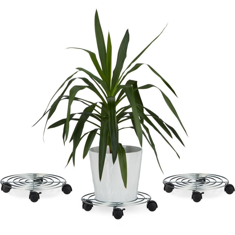 Porte plantes à roulettes, lot de 3, avec freins support pot de fleurs rond en métal HxLxP: 6 x 32 x 32 cm, argenté