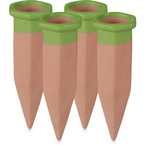Relaxdays Set 4 Picos Riego Plantas Interior y Balcón, Regador Automático Arcilla Maceta, 9,5 x 3 cm, Terracota y Verde