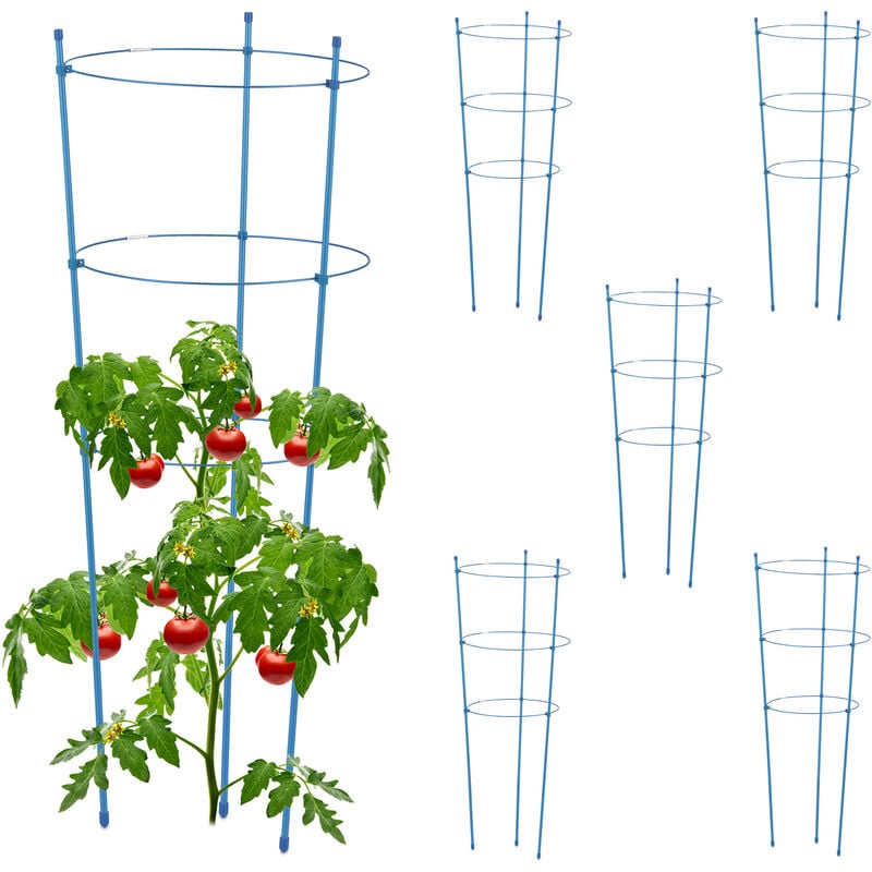Relaxdays - Tuteur pour tomates, plantes grimpantes, lot de 6, métal & plastique, 3 anneaux réglables, hauteur 76 cm, bleu