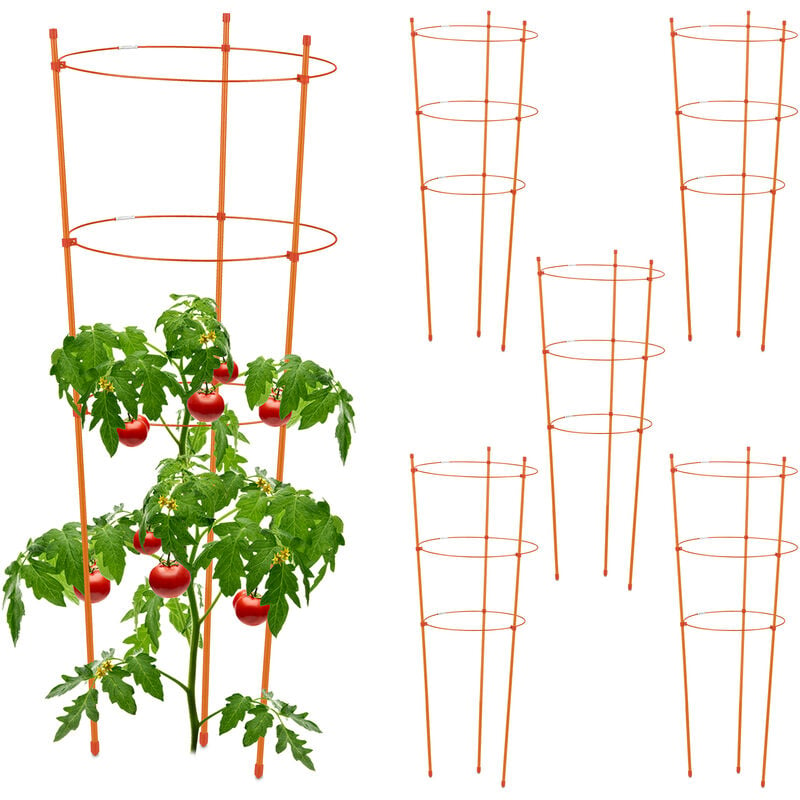 Tuteur pour tomates, plante grimpante, lot de 6, métal, plastique, 3 anneaux réglables, hauteur 76 cm, orange - Relaxdays