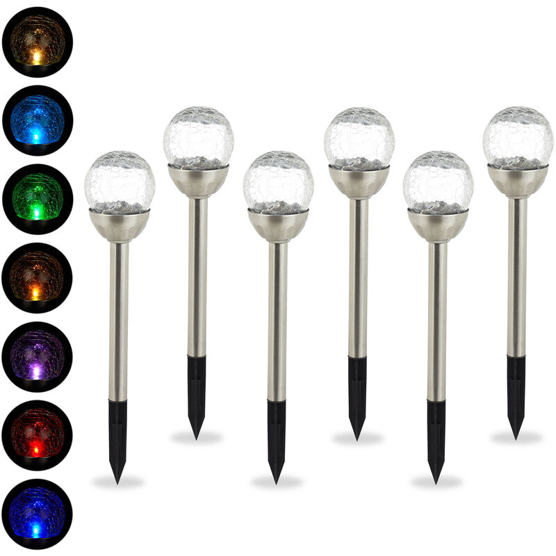 Relaxdays Lampes solaires d’extérieur, lot 6, éclairage boule LED jardin, couleurs changeantes, étanche, piquet, argenté