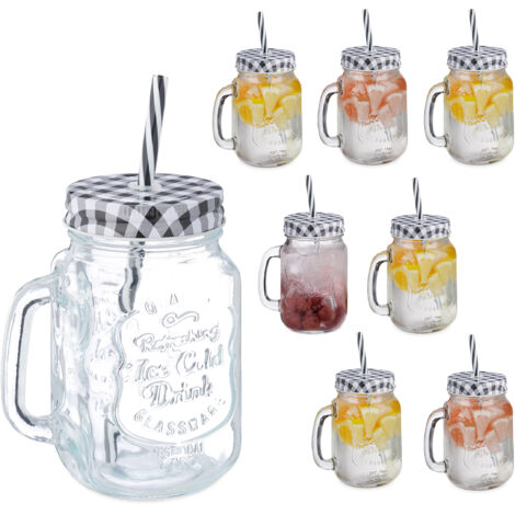 Relaxdays Set 8 Tazze, con Coperchio e Cannuccia, Design Vintage, per tè Freddo, Bevande, Limonate, Party, 500 ml, Nero