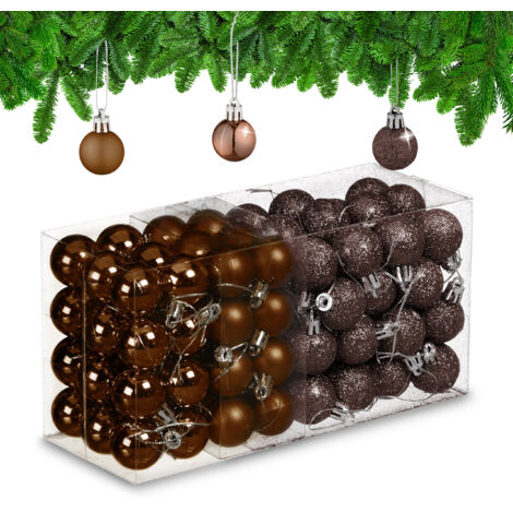 Relaxdays Set 96 Bolas Árbol Navidad, Bolitas Navideñas Brillantes, con Purpurina y Mate, de Plástico, Marrón