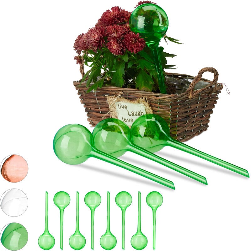 Relaxdays - Globes d'arrosage en plastique, lot de 12, distributeur eau plantes, 2 semaines, pot fleurs, boules arrosage, vert
