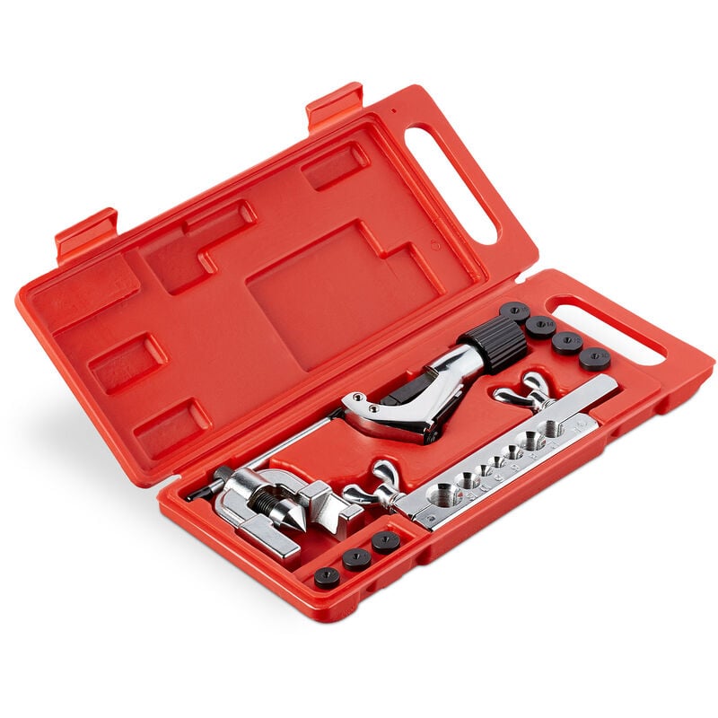 Relaxdays Flaring Tool, Set with Pipe Cutter, 5 - 16 mm, Brake Tube Kit, for Copper & Aluminium Pipes, Silver/Black/Red