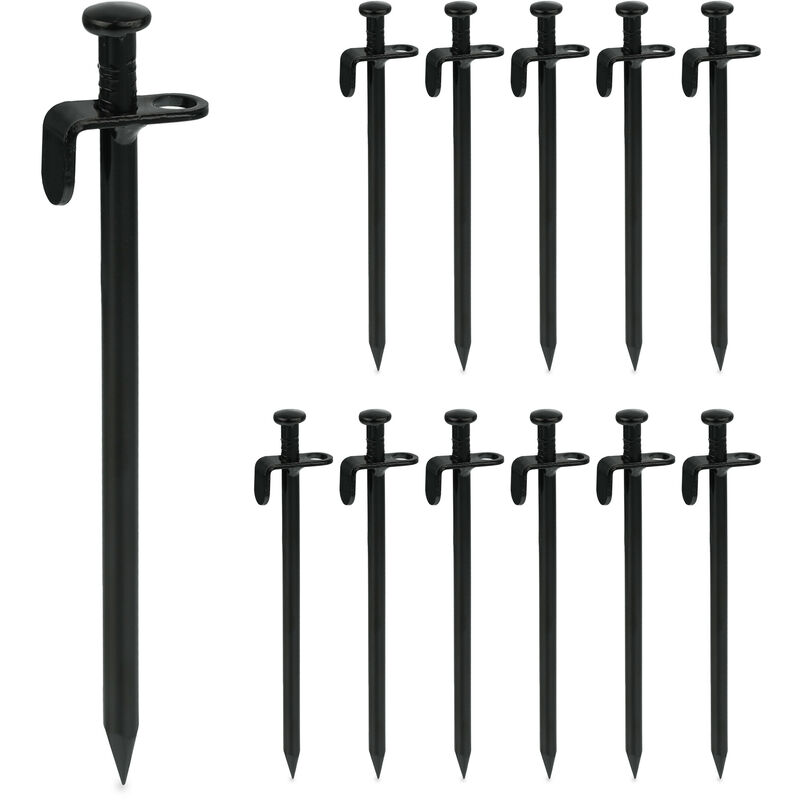 Relaxdays - Tent Pegs Set Of 12, Ground Anchor For Hard Soil, Camping, Stainless Steel, Hook, Set, Hxwxd 20x4x1.5cm, Black