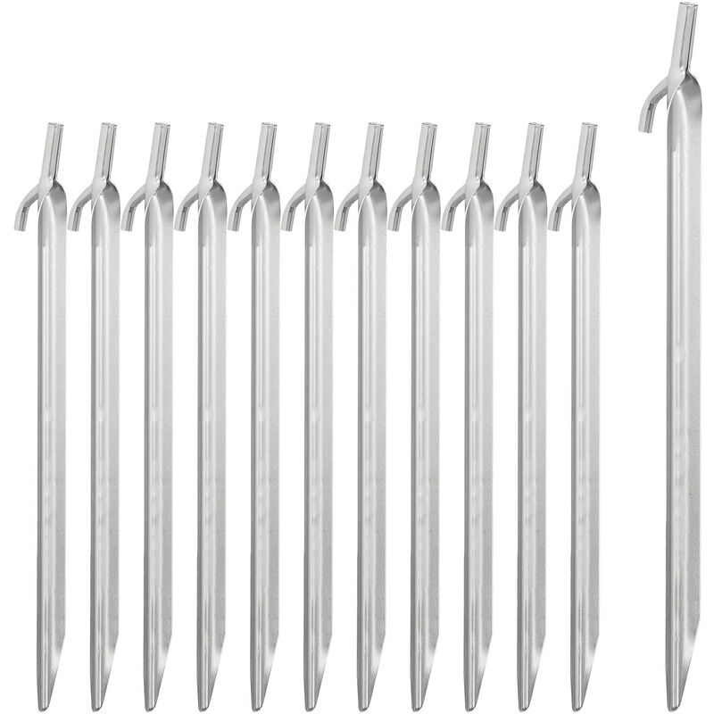 Relaxdays Tent Pegs 12x Set, Ground Anchor For Hard Soil, Camping, Galvanized Steel Hooks, Metal, Durable, 30cm, Silver