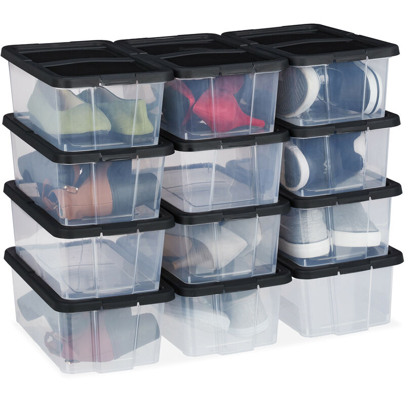 Relaxdays - Set of 12, Plastic Shoe Boxes, Stackable, Transparent Storage Container with Lid, Organisation, HWD:12.5 x 20 x 34.5 cm, Black