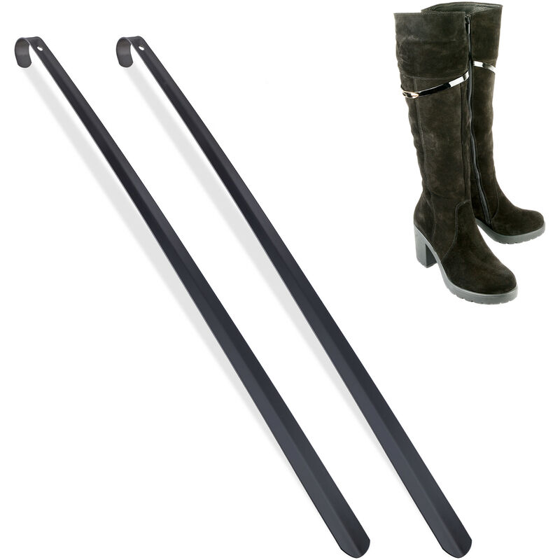 Shoehorn Set of 2, 70 cm Long, Metal Shoe Spoon, Stable, Hanging, Shoe Horn Aid for Boots, Helper, Black - Relaxdays