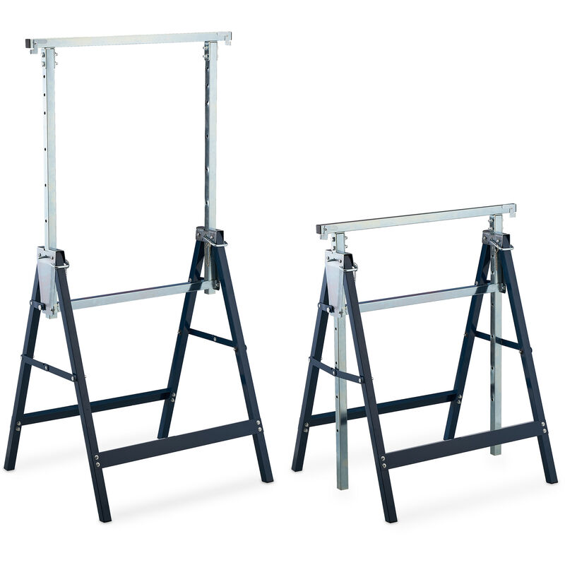 Relaxdays Set of 2 Sawhorses, 7 Height Settings, Max. 200 kg, 130x68.5x58 cm, All-Purpose Trestles, Steel, Blue/Silver