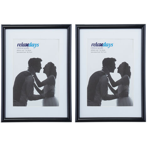 Relaxdays Set da 2 Cornici Portafoto, 13x18 cm, Passe Partout 9x13 cm, Ritaglio Vetro, da Appoggiare o Appendere, Nero