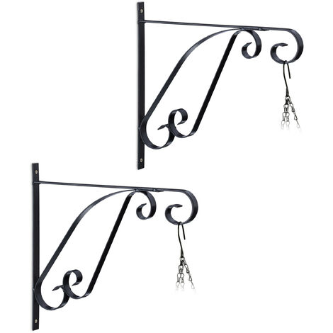 Relaxdays Set da 2 Ganci Portavasi, per Vasi e Cesti Sospesi, Lanterne, Pareti Interne o Esterne, HLP: 28x30x2 cm, Nero