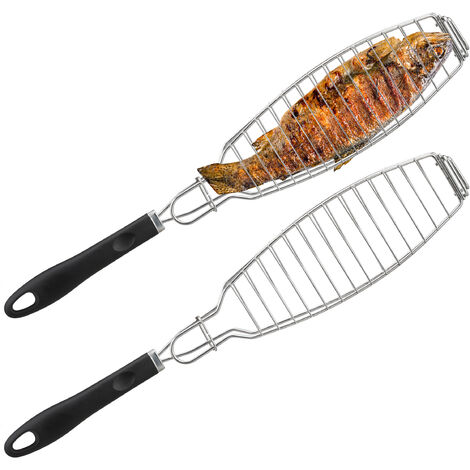 Relaxdays Set da 2 Girarrosto per Pesce, Acciaio Inox, Impugnatura in Gomma, Lunghi 58,5 cm, Cestello per Bbq, Argentato