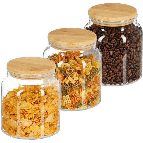 Relaxdays Set da 4 Barattoli per Alimenti, Pasta, Riso, Müsli, Caffè, 750  ml, Ermetici, Bambù, Vetro, Natura Trasparente