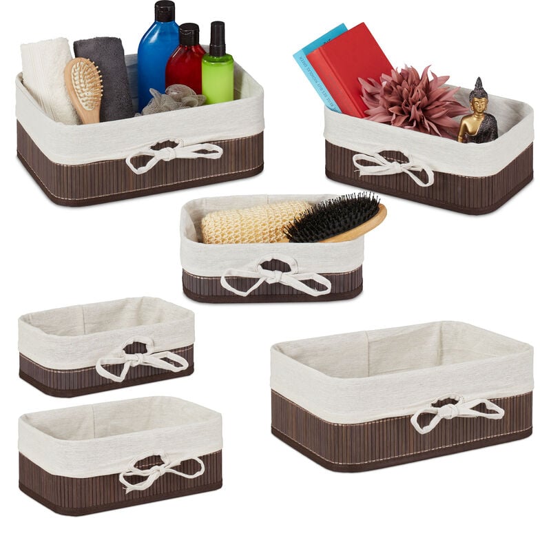 Relaxdays - Set da 6 Cestini Portaoggetti, Contenitori Salvaspazio in Bambù per Armadio e Scaffali, Bagno, 3 Misure, Marrone/Bianco