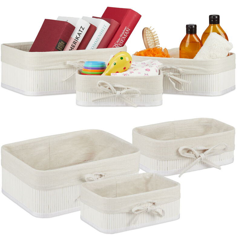 Relaxdays - Set da 6 Cestini Portaoggetti, Contenitori Salvaspazio in Bambù per Armadio, Bagno e Scaffali, Box 3 Misure, Bianco