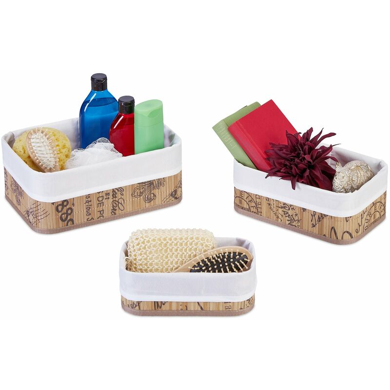 Relaxdays Set da 3 Cestini Portaoggetti, per Cosmetici o Asciugamani, Design Vintage, Varie Dimensioni, Bianco Natura