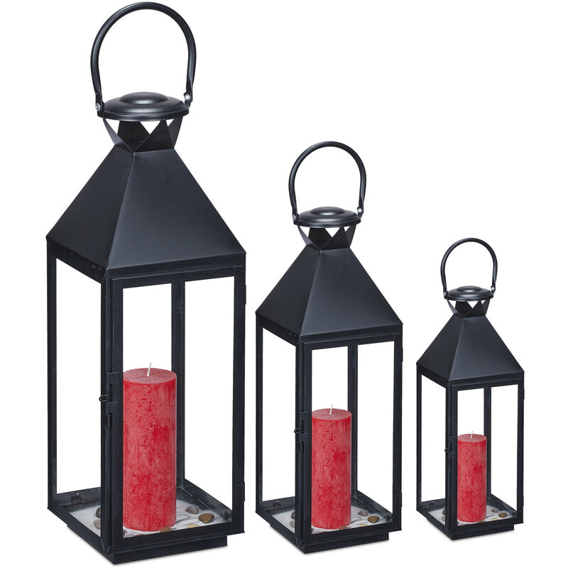 Image of Set da 3 Lanterne, Portacandele Decorativi in Metallo per Esterni e Interni, 3 Grandezze, Design Moderno, Nero - Relaxdays