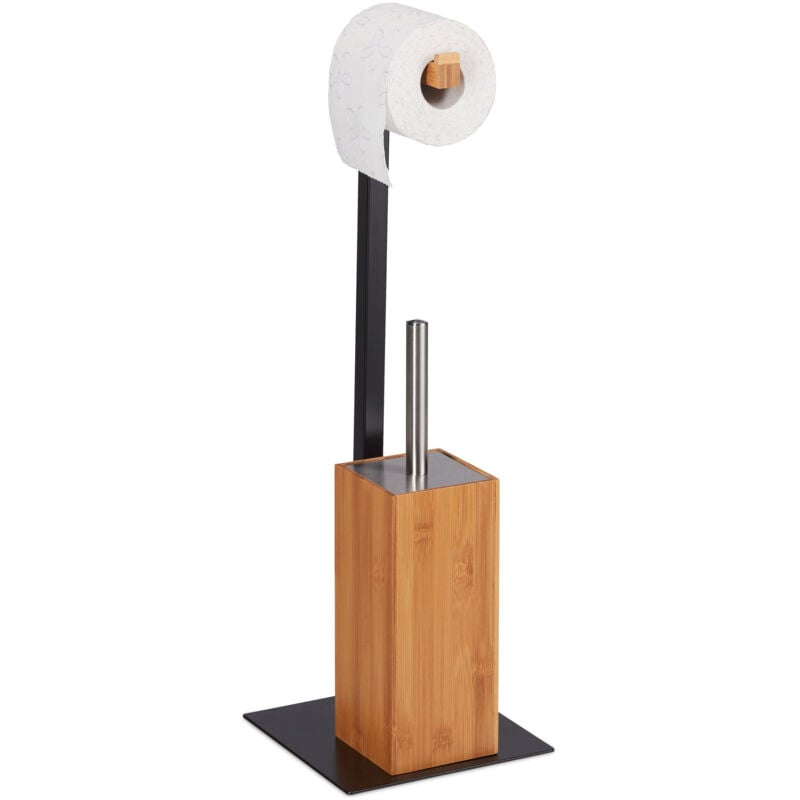 Relaxdays WC Accessories Set, Toilet Brush & Paper Roll Holder, Bamboo & Metal, HWD: 60 x 20 x 20 cm, Natural/Black