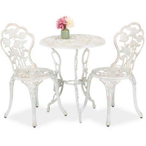 Relaxdays Set da Bistrot da 3, Tavolino da Giardino, 2 Sedie, Balcone, Stile Ferro Battuto, in Alluminio, Bianco Bronzo