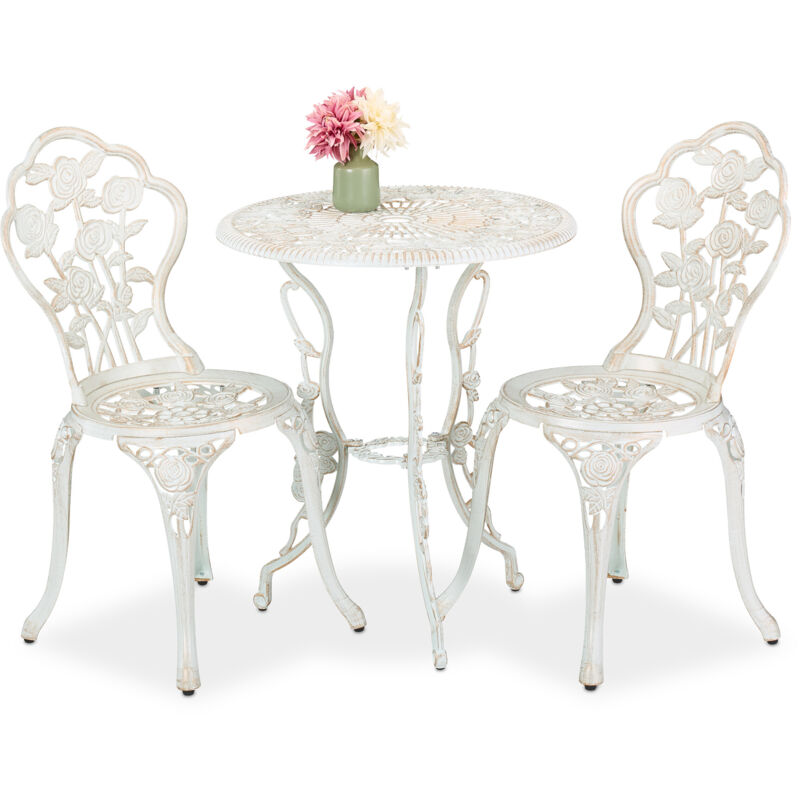 Relaxdays Garden Furniture Set, 3 Pieces, Round Table, 2 Chairs, Antique Metal Design, Cast Aluminium, White/bronze