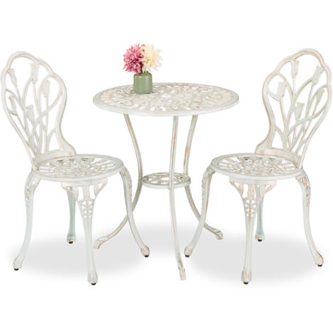 Relaxdays Set da Bistrot da 3, Tavolino da Giardino, 2 Sedie da Balcone, in Alluminio Stile Ferro Battuto, BiancoBronzo, 67 x 60 cm