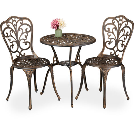Relaxdays Set da Bistrot da 3, Tavolino da Giardino, 2 Sedie da Balcone, in Alluminio Stile Ferro Battuto, Nero Bronzo
