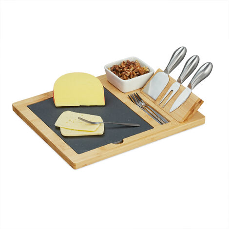 Relaxdays Set da Tavola, Vassoio in Bambù e 3 Posate Formaggio, Piatto Rettangolare Tagliere per Aperitivo, Marrone Nero