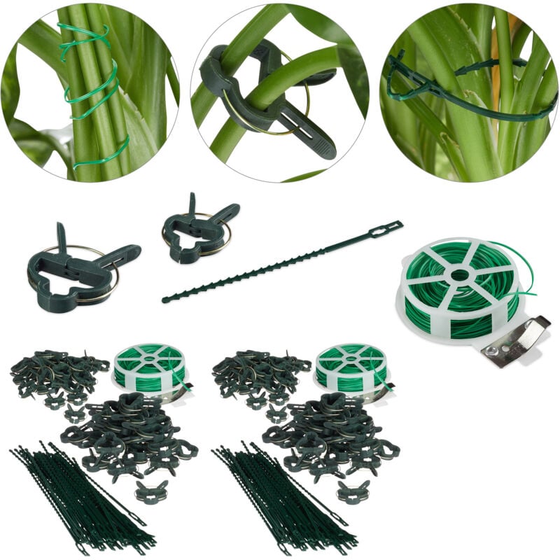 Relaxdays - Set d'attache plantes set de 220 pièces. Clips stables, fils fournis le cutter, tuteur roses, tomates, vert