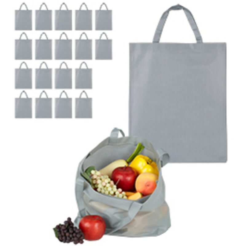 Set de 20 sacs en tissu, non imprimés, cabas pour courses, courtes anses, fourre-tout toile, HxL : 49,5x40 cm, gris