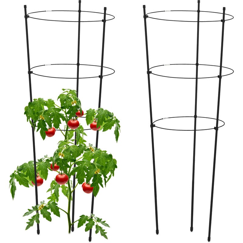 Tuteur pour tomates, plantes grimpantes, lot de 2, métal & plastique, 3 anneaux réglables, hauteur 76 cm, noir - Relaxdays