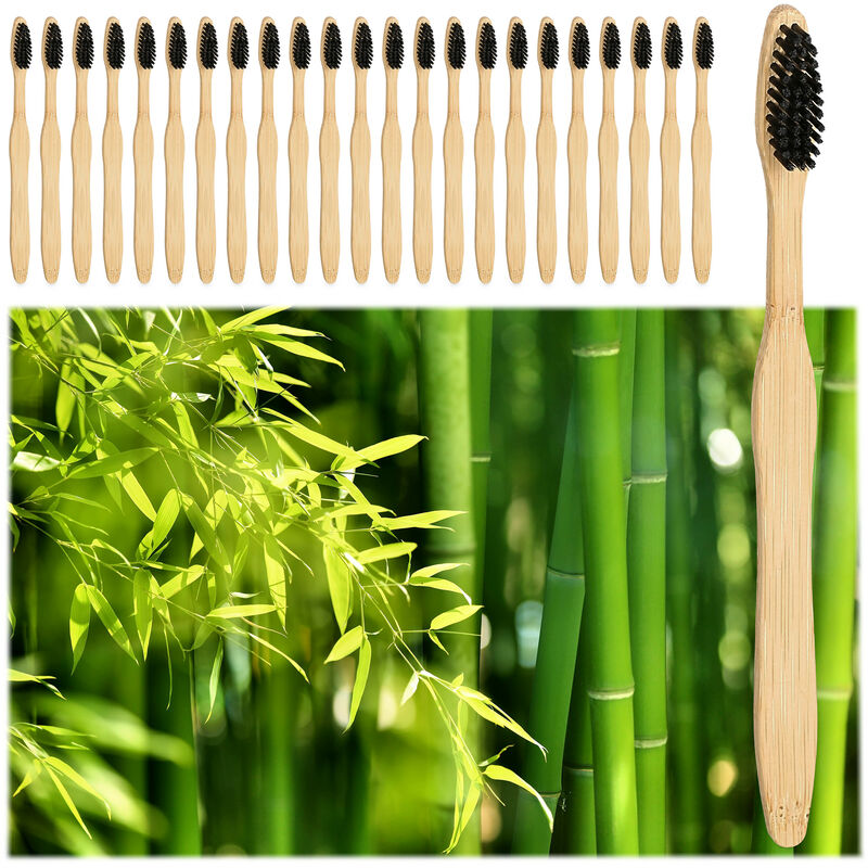 Set de 24 brosses à dents en bambou, poils moyens, véganes, durables, sans bpa, utilisation manuelle, noir - Relaxdays