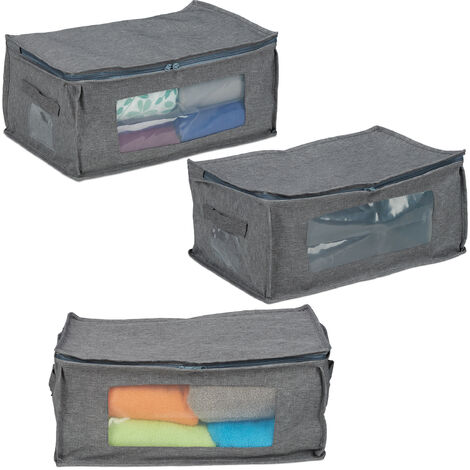 Relaxdays Set de 3 Bolsas de Almacenamiento, Plegable, Almacenaje Ropa Bajo la Cama, Tela, 20 x 45 x 30 cm, Gris